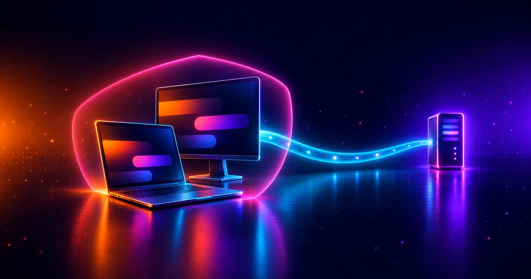 A glowing laptop and a desktop monitor linked by a bright tunnel to a distant server